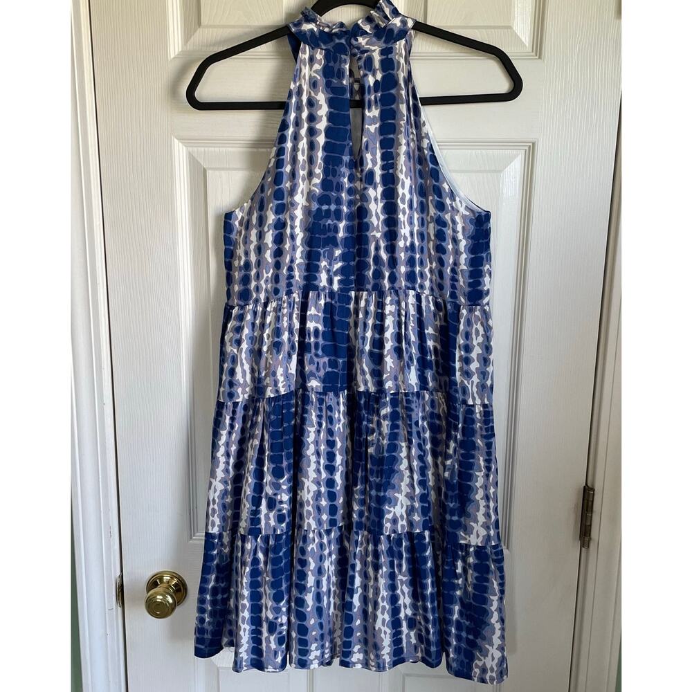 THML Halter Dress Ruffle Neck Tiered Lined Sz XS Tie Dye Print Beachy Coastal - Picture 4 of 11